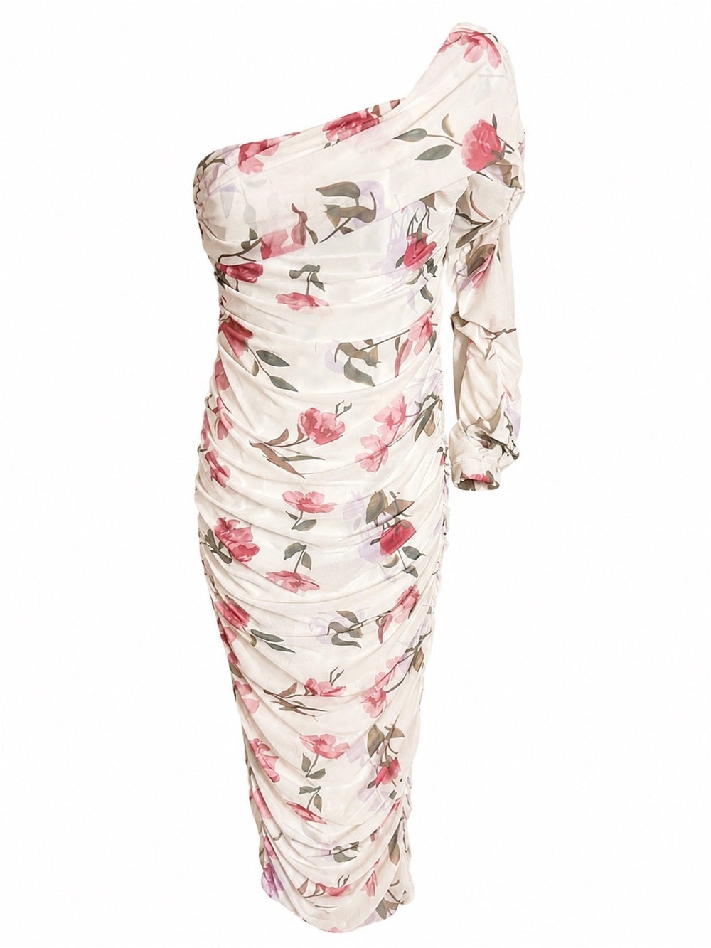 M7 Bella Barnett NWT Floral One-Shoulder Ruched Midi Dress Medium Sheer Sleeve - Picture 3 of 8